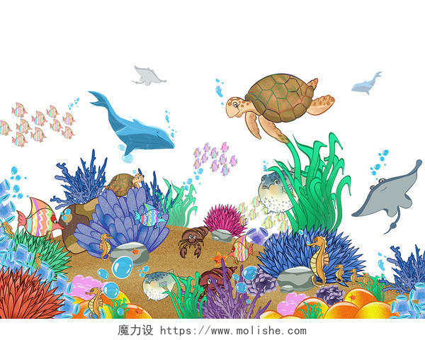 彩色手绘卡通海洋生物海洋动物海洋海底动物元素PNG素材